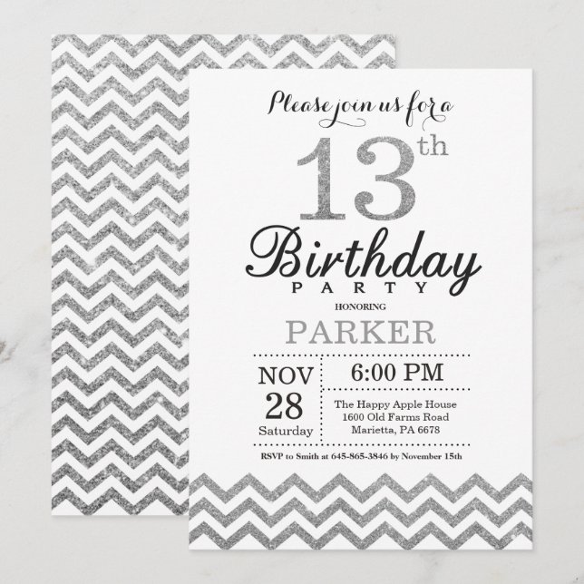 13th Birthday Invitation Silver Glitter (Front/Back)
