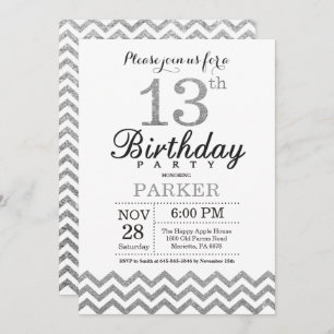13th Birthday Invitation Silver Glitter