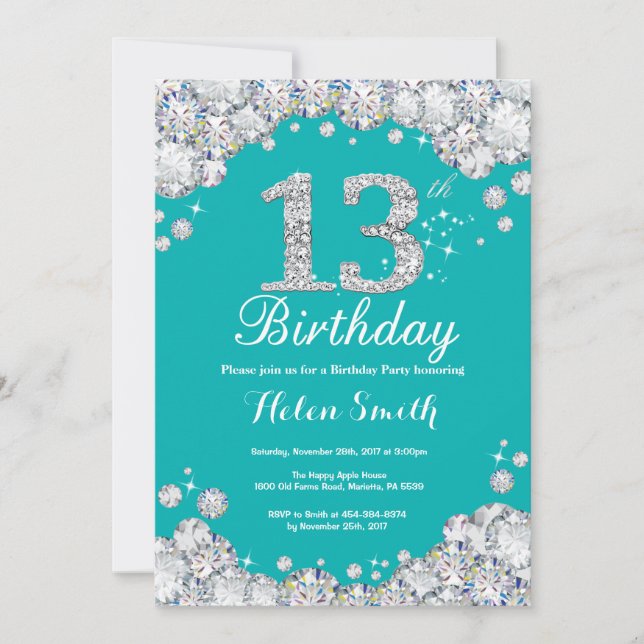 13th Birthday Invitation Teal and Silver Diamond (Front)