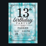 13th Birthday Invitation Teal Glitter<br><div class="desc">13th Birthday Invitation with Teal String Lights with Teal Glitter Background. Teal Birthday. Kids Birthday. Boy or Girl Bday Invite. 13th 15th 16th 18th 20th 21st 30th 40th 50th 60th 70th 80th 90th 100th, Any age. For further customisation, please click the "Customise it" button and use our design tool to...</div>