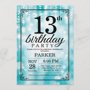 13th Birthday Invitation Teal Glitter