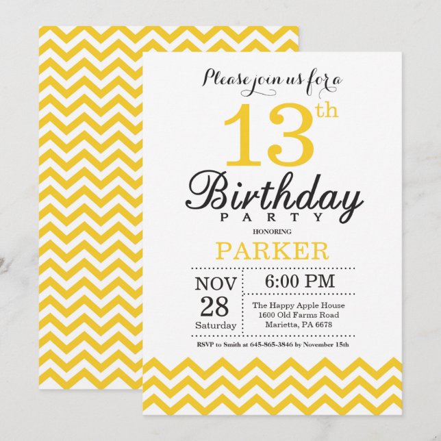 13th Birthday Invitation Yellow Chevron (Front/Back)