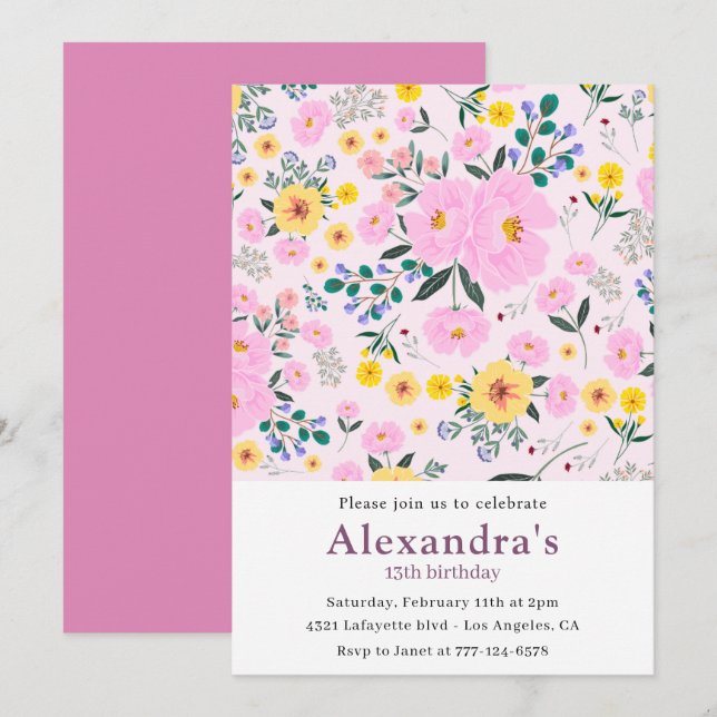 13th birthday invitations Boho Floral Pink (Front/Back)