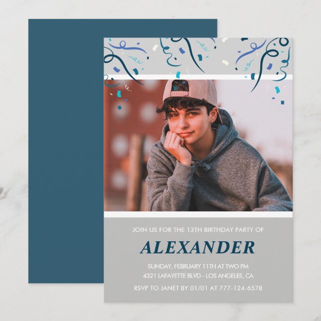 13th birthday invitations boy Confetti Photo Blue (Front/Back)
