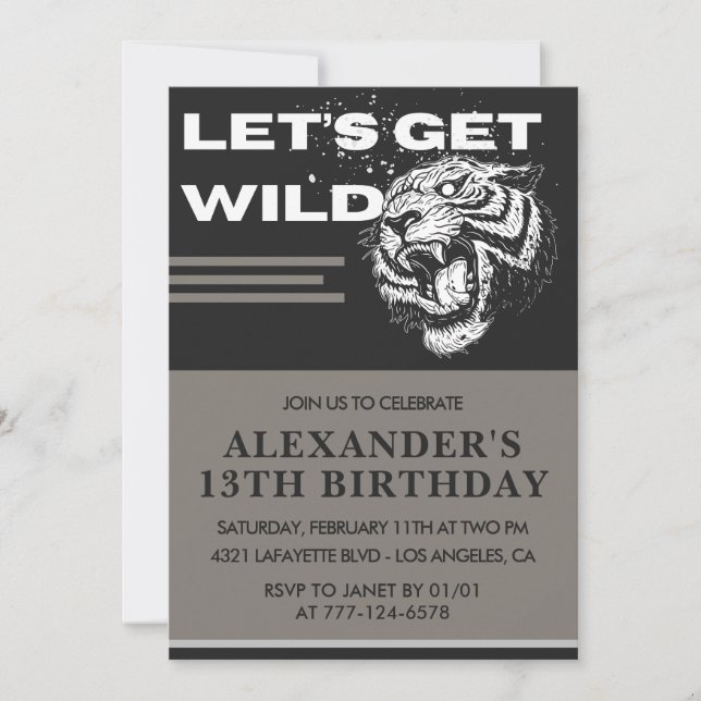 13th birthday invitations Boy Party Let's Get Wild (Front)