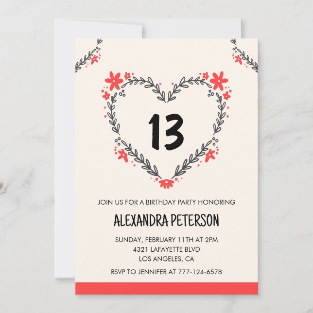 13th birthday invitations for her floral heart (Front)