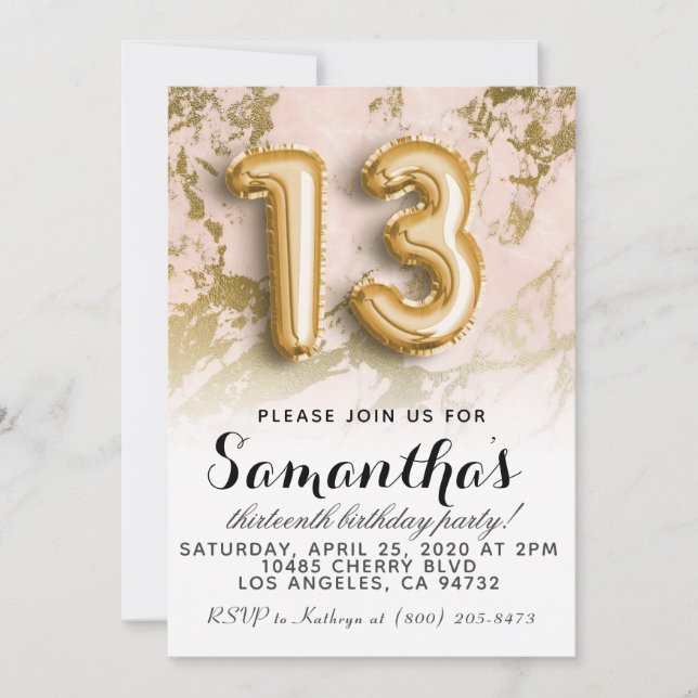 13th Birthday Marble Gold Invitation (Front)