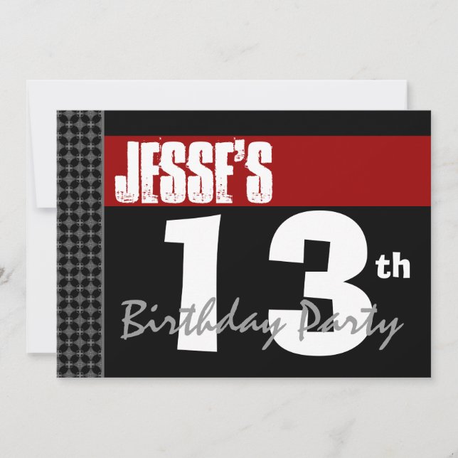 13th Birthday Modern For Him Red White Black G200 Invitation (Front)