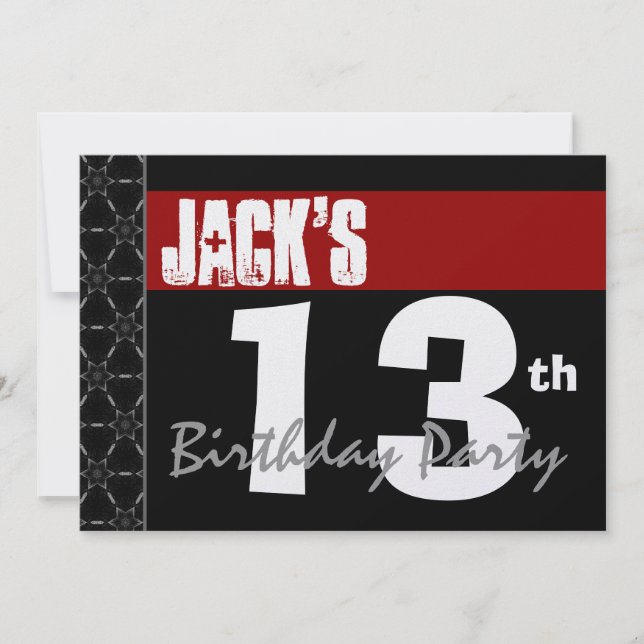 13th Birthday Modern Red White Black Metallic Invitation (Front)