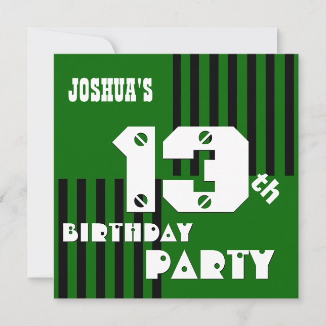 13th Birthday Modern Teen Green Black Stripes V10 Invitation (Front)
