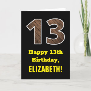 13th Birthday: Name, Faux Wood Grain Pattern "13" Card