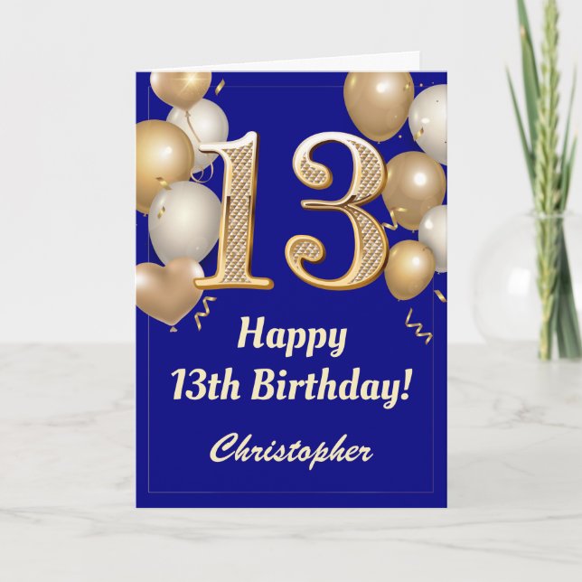 13th Birthday Navy Blue and Gold Balloons Confetti Card (Front)