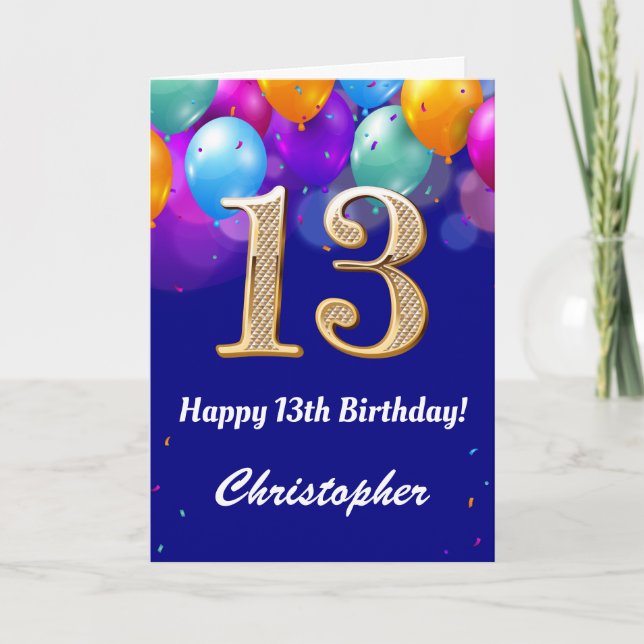13th Birthday Navy Blue and Gold Colourful Balloon Card (Front)