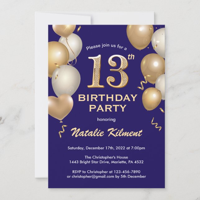 13th Birthday Navy Blue and Gold Glitter Balloons Invitation (Front)