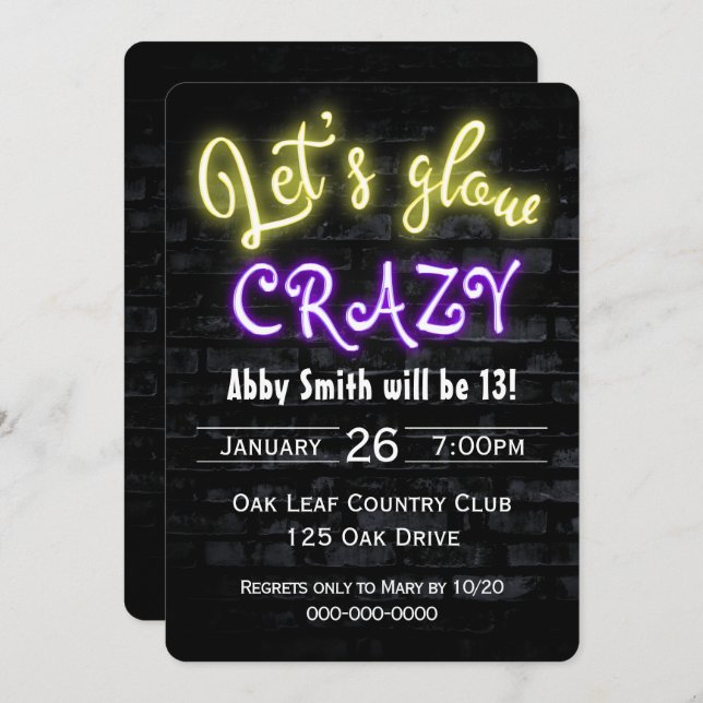 13th Birthday Neon Glow Sign on Brick Wall Invitation (Front/Back)