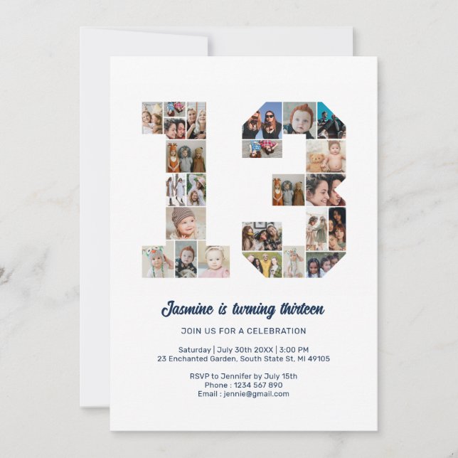 13th Birthday Number 13 Custom Photo Collage Invitation (Front)