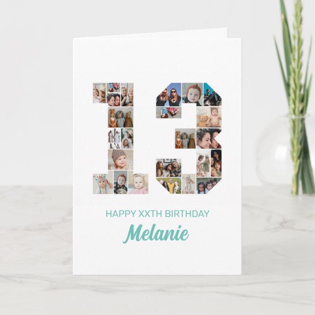 13th Birthday Number 13 Photo Collage Personalised Card (Front)