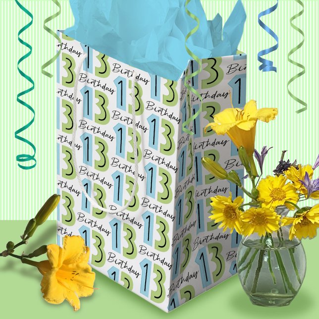 13th Birthday Numbers Green Blue Medium Gift Bag (Creator Uploaded)