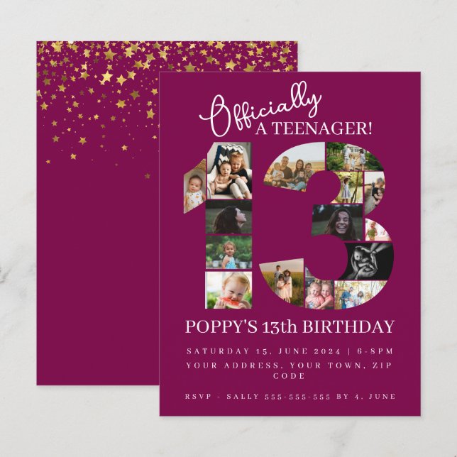 13th birthday officially a teenager photo collage invitation postcard (Front/Back)