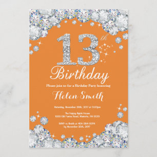 13th Birthday Orange and Silver Diamond Invitation