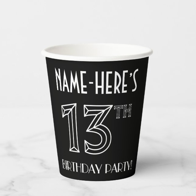 13th Birthday Party: Art Deco Style + Custom Name Paper Cups (Front)