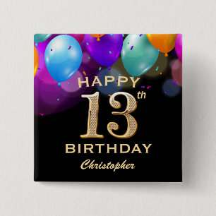 13th Birthday Party Black and Gold Balloons 15 Cm Square Badge