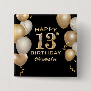 13th Birthday Party Black and Gold Balloons 15 Cm Square Badge