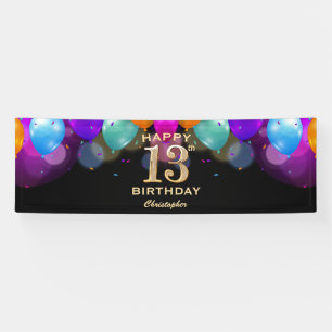 13th Birthday Party Black and Gold Balloons Banner