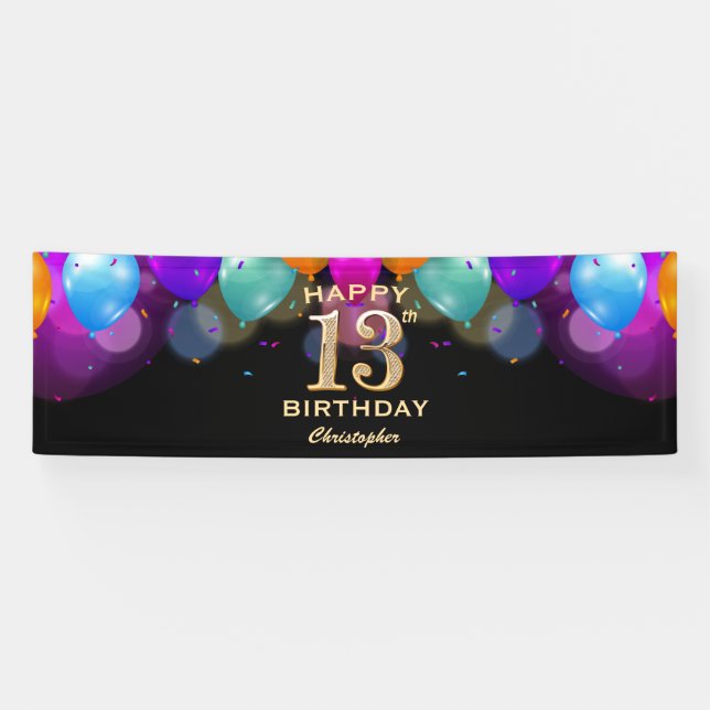 13th Birthday Party Black and Gold Balloons Banner (Horizontal)