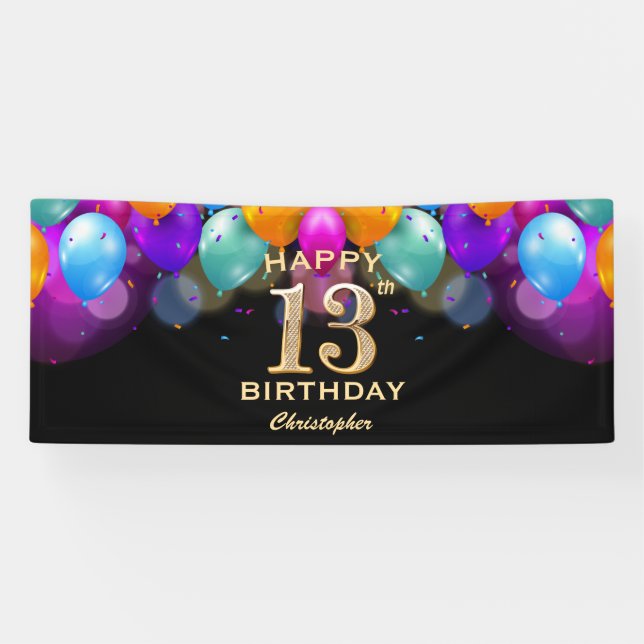 13th Birthday Party Black and Gold Balloons Banner (Horizontal)