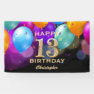 13th Birthday Party Black and Gold Balloons Banner