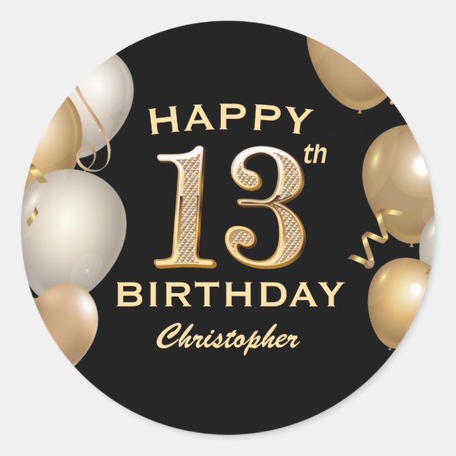 13th Birthday Party Black and Gold Balloons Classic Round Sticker (Front)