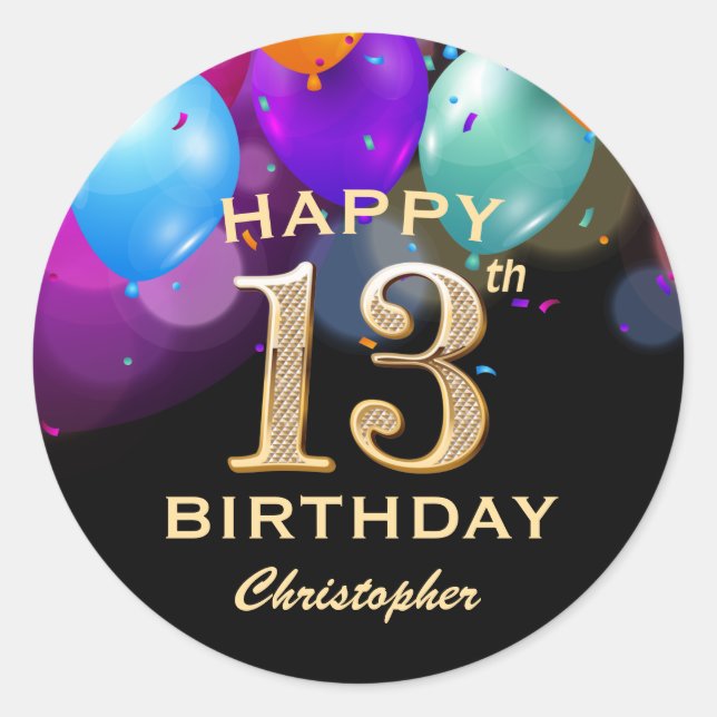 13th Birthday Party Black and Gold Balloons Classic Round Sticker (Front)
