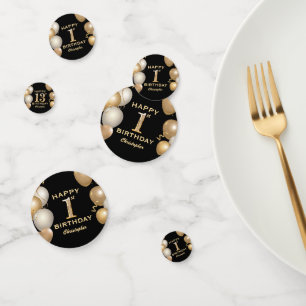 13th Birthday Party Black and Gold Balloons Confetti