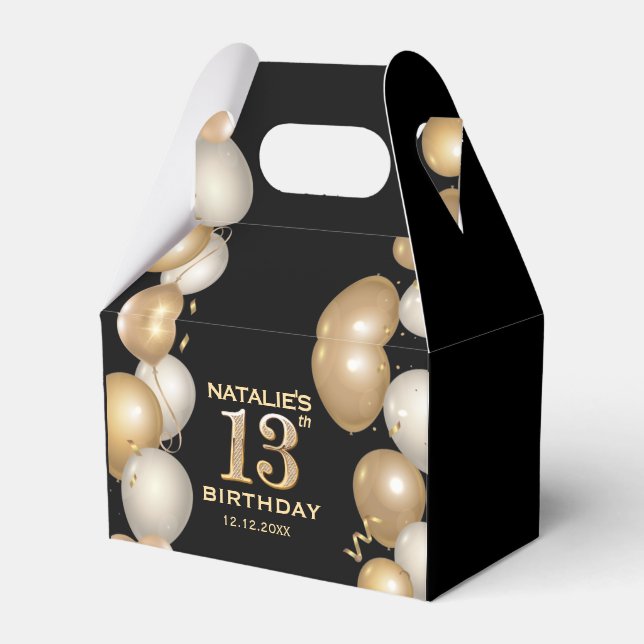 13th Birthday Party Black and Gold Balloons Favour Box (Front Side)