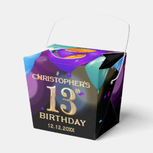 13th Birthday Party Black and Gold Balloons Favour Box