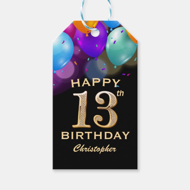 13th Birthday Party Black and Gold Balloons Gift Tags (Front)