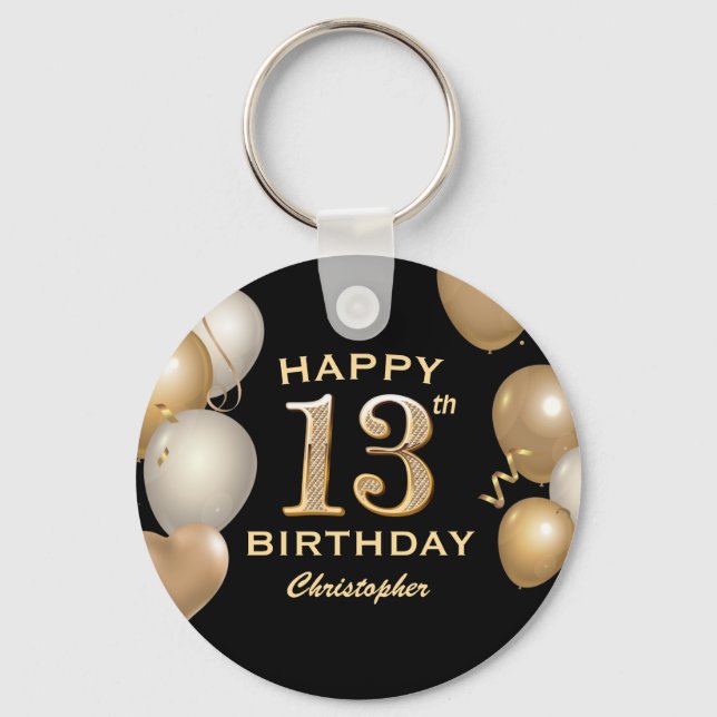 13th Birthday Party Black and Gold Balloons Key Ring (Front)
