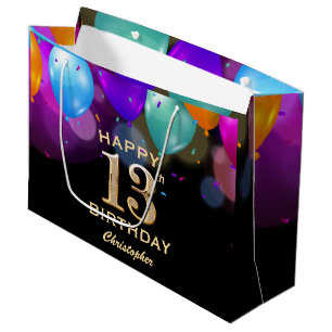 13th Birthday Party Black and Gold Balloons Large Gift Bag