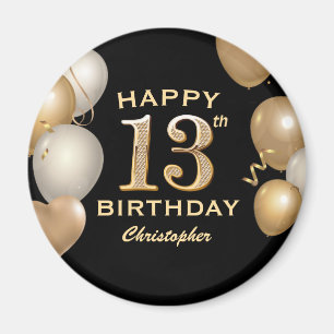 13th Birthday Party Black and Gold Balloons Magnet