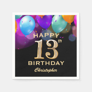 13th Birthday Party Black and Gold Balloons Napkin