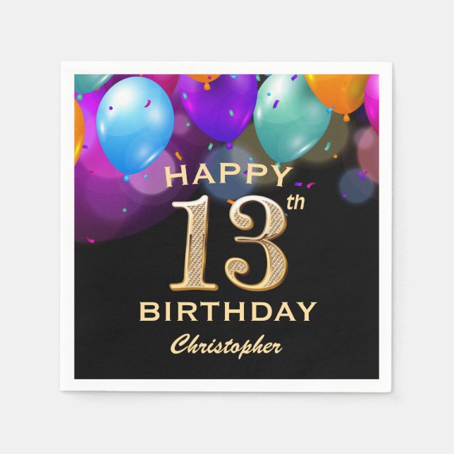 13th Birthday Party Black and Gold Balloons Napkin (Front)