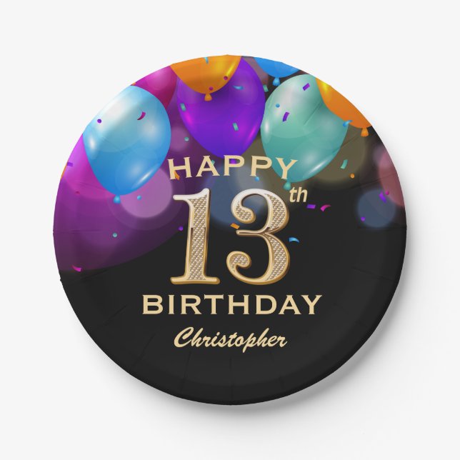 13th Birthday Party Black and Gold Balloons Paper Plate (Front)