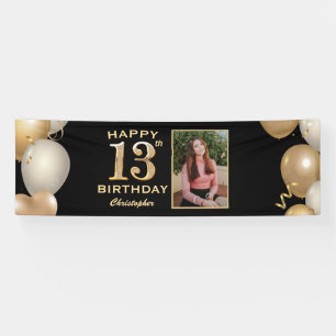 13th Birthday Party Black and Gold Balloons Photo Banner