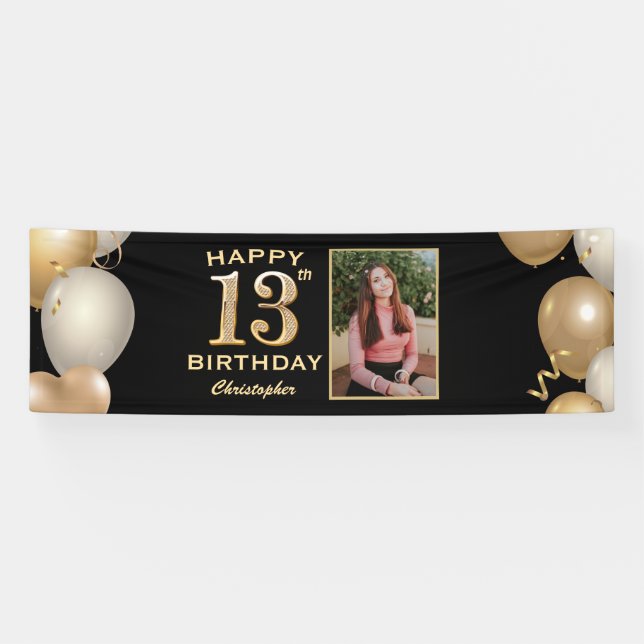 13th Birthday Party Black and Gold Balloons Photo Banner (Horizontal)