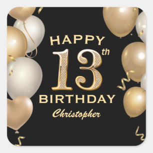13th Birthday Party Black and Gold Balloons Square Sticker
