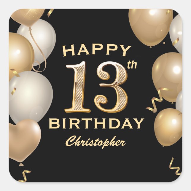 13th Birthday Party Black and Gold Balloons Square Sticker (Front)