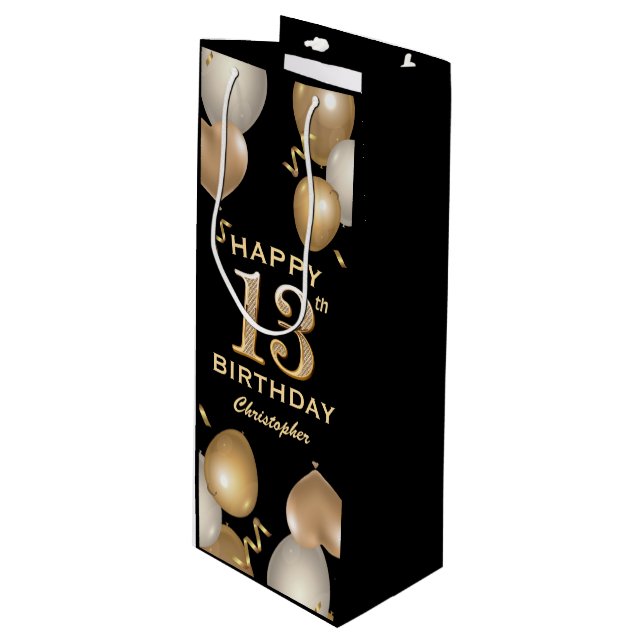 13th Birthday Party Black and Gold Balloons Wine Gift Bag (Front Angled)