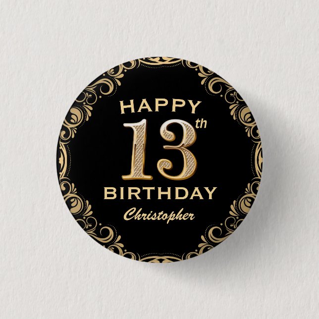 13th Birthday Party Black and Gold Glitter Frame 3 Cm Round Badge (Front)
