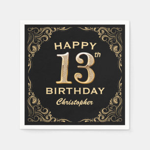 13th Birthday Party Black and Gold Glitter Frame Napkin